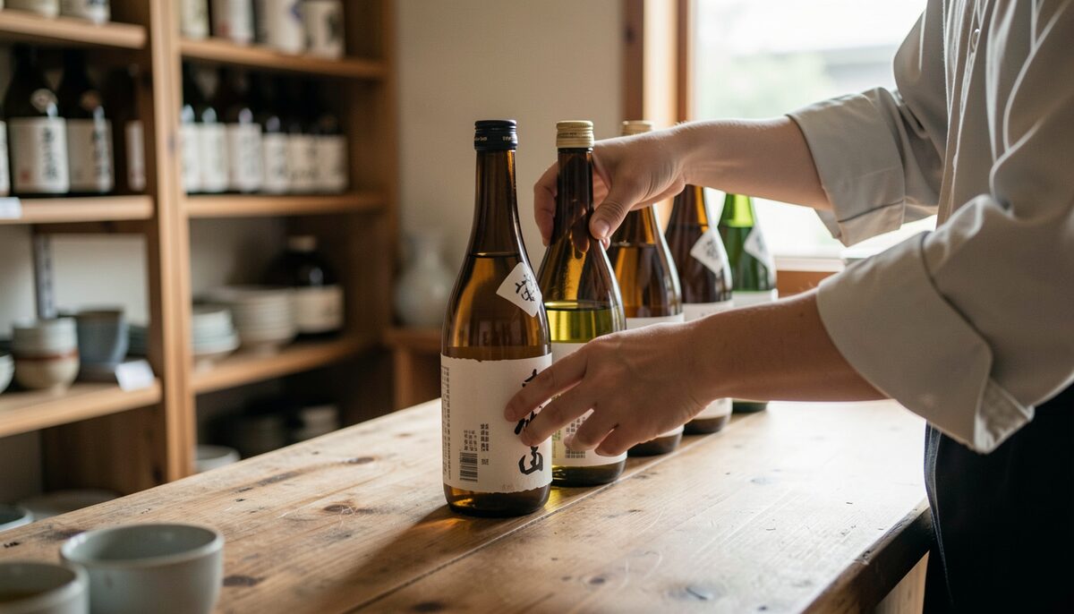 A shopkeeper's hands arranging a small group of sake bottles on a wooden counter. イメージ画像、AI生成。